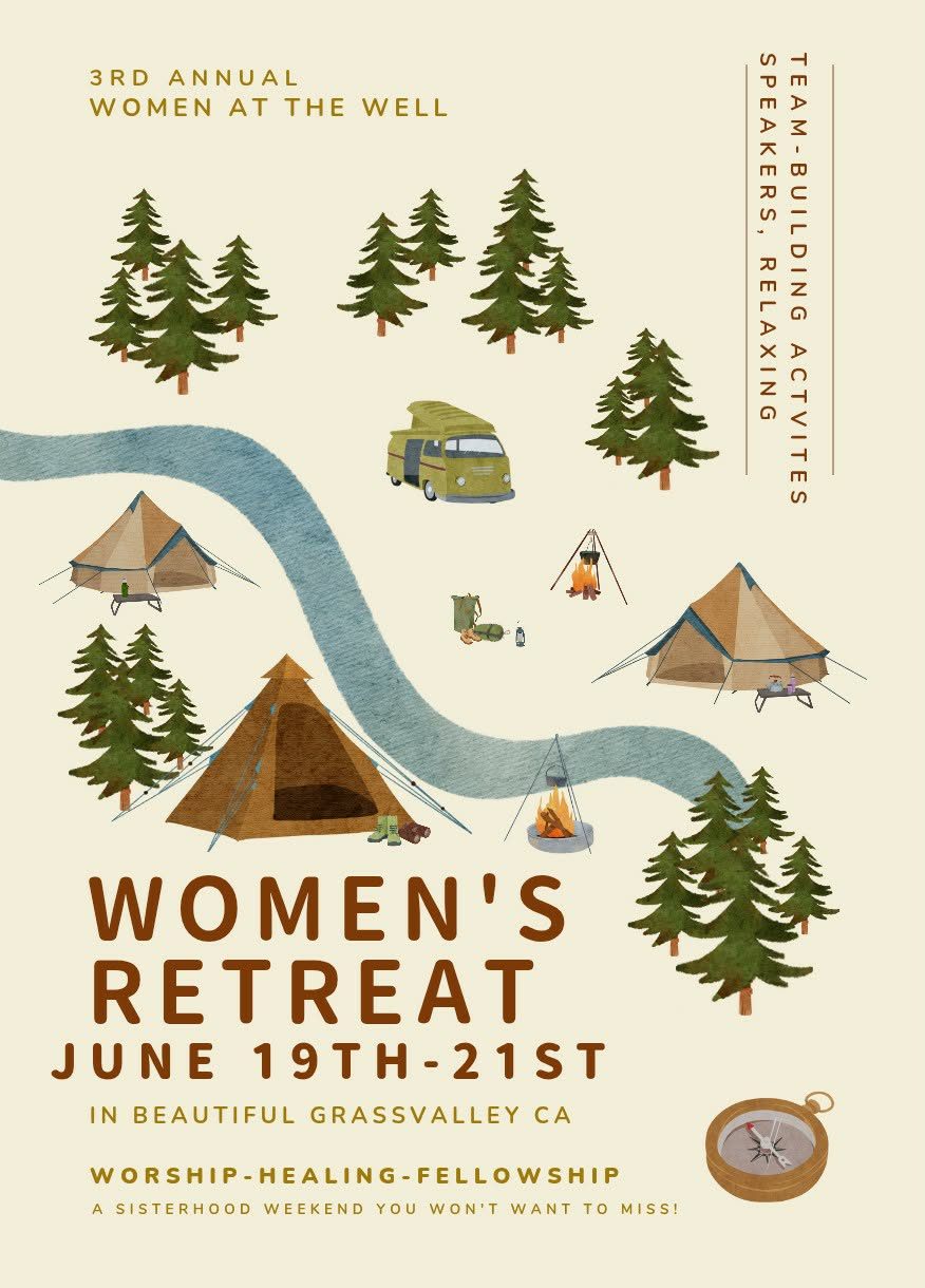 Women at the Well retreat flyer — illustrated tents and pines: worship, healing, fellowship in Grass Valley, CA
