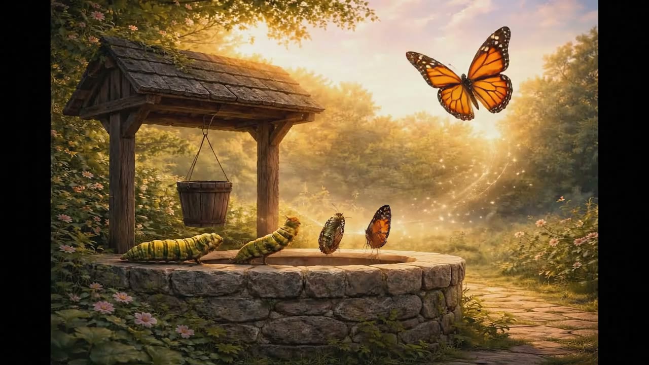 Caterpillars becoming butterflies beside a stone well at golden hour — scroll to open the chrysalis and set the monarch to flight